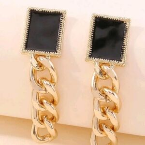Long Faux Black Onyx  & Goldtone Chainlink Pierced Earrings